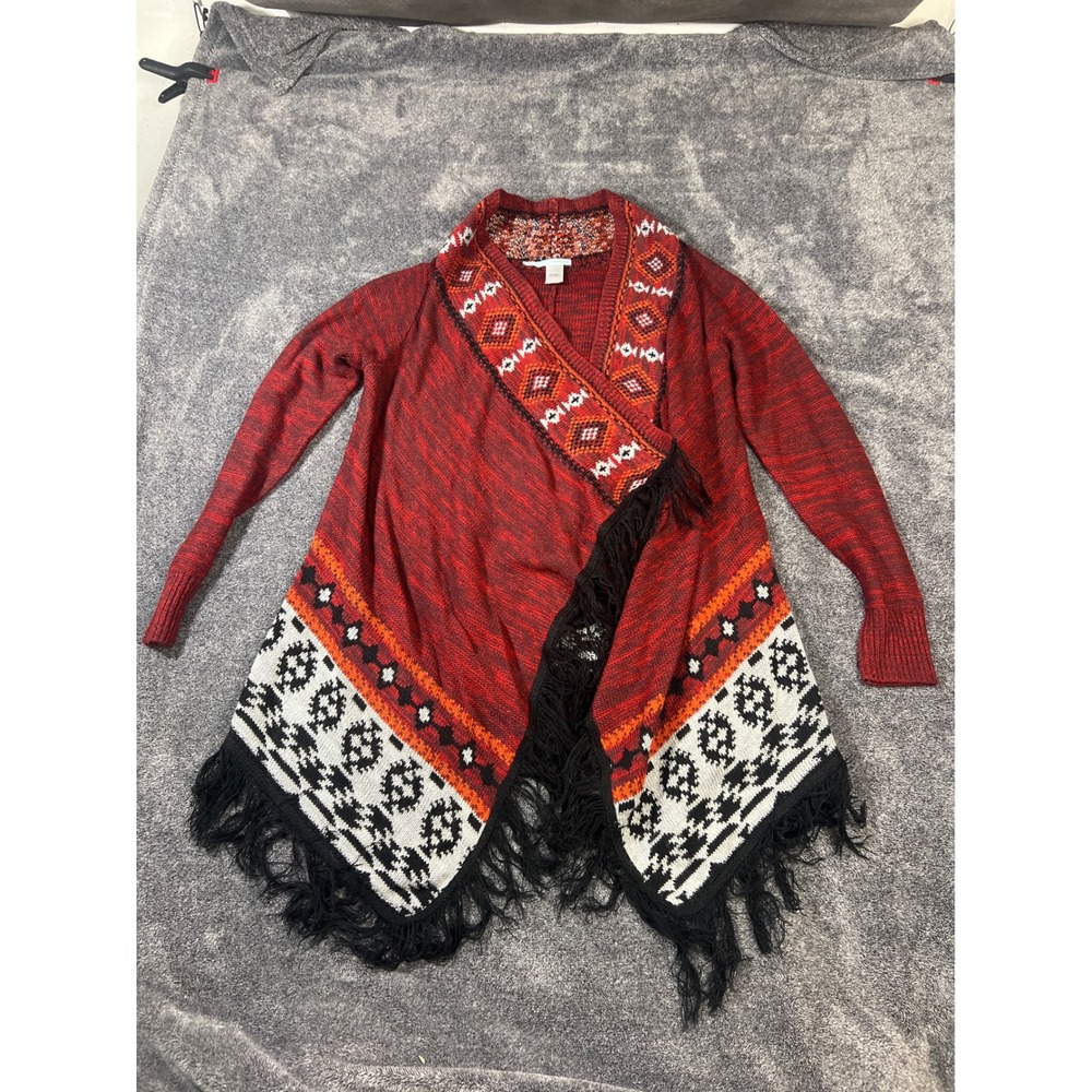 Maurices Red Southwestern Fringe Open Front Cardigan Sweater Medium Boho Tribal